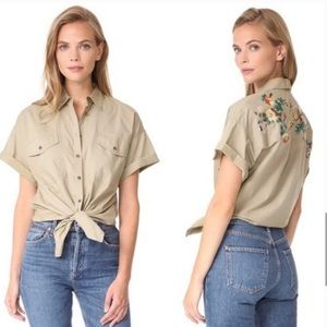 🌺Madewell Khaki Button Up Tie Up Embriodered Top Médium
